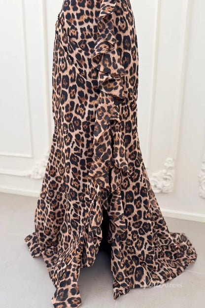 Leopard Print Strapless Prom Dresses with Sweetheart Corset Bodice, Ruffled Slit SS334-Prom Dresses 2026-Viniodress-Brown-US 0-