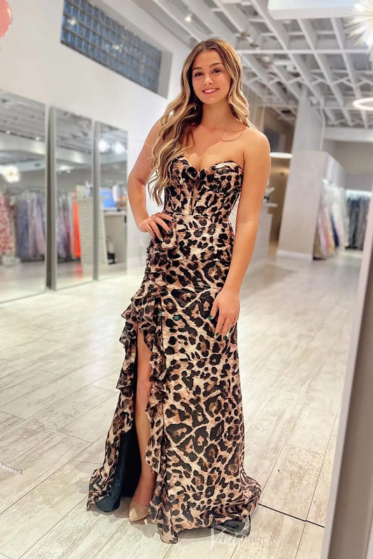 Leopard Print Strapless Prom Dresses with Sweetheart Corset Bodice, Ruffled Slit SS334-Prom Dresses 2026-Viniodress-Brown-US 0-