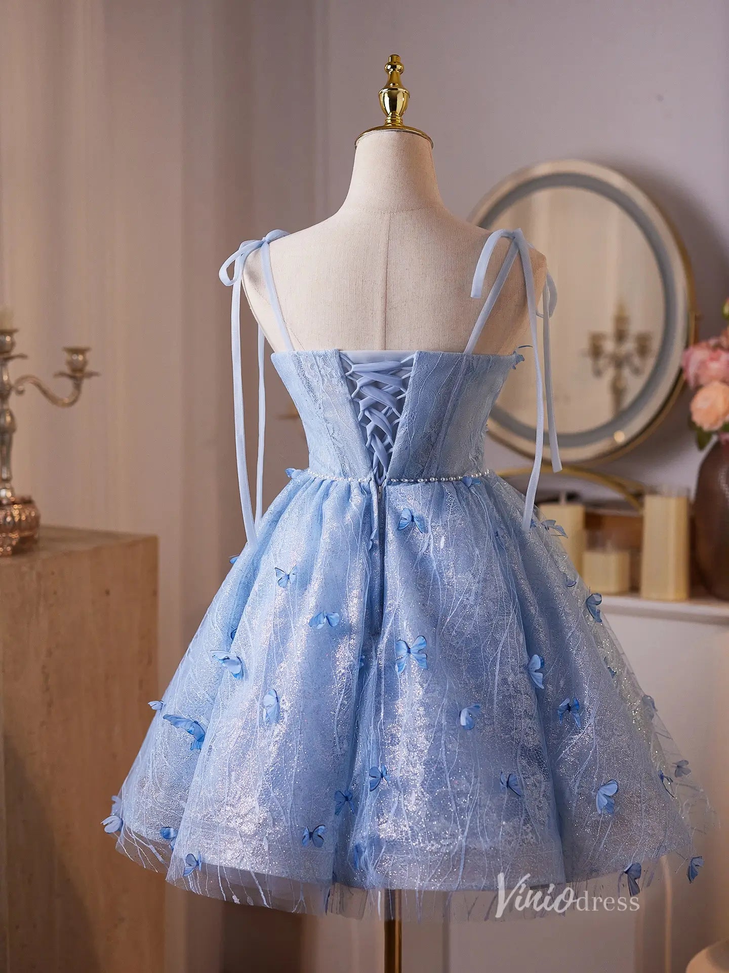 Light Blue 3D Butterfly Homecoming Dress with Sweetheart Corset , Shimmer Tulle A-Line Mini – BJ090-prom dresses 2025 -Viniodress-Light Blue-Custom Size-