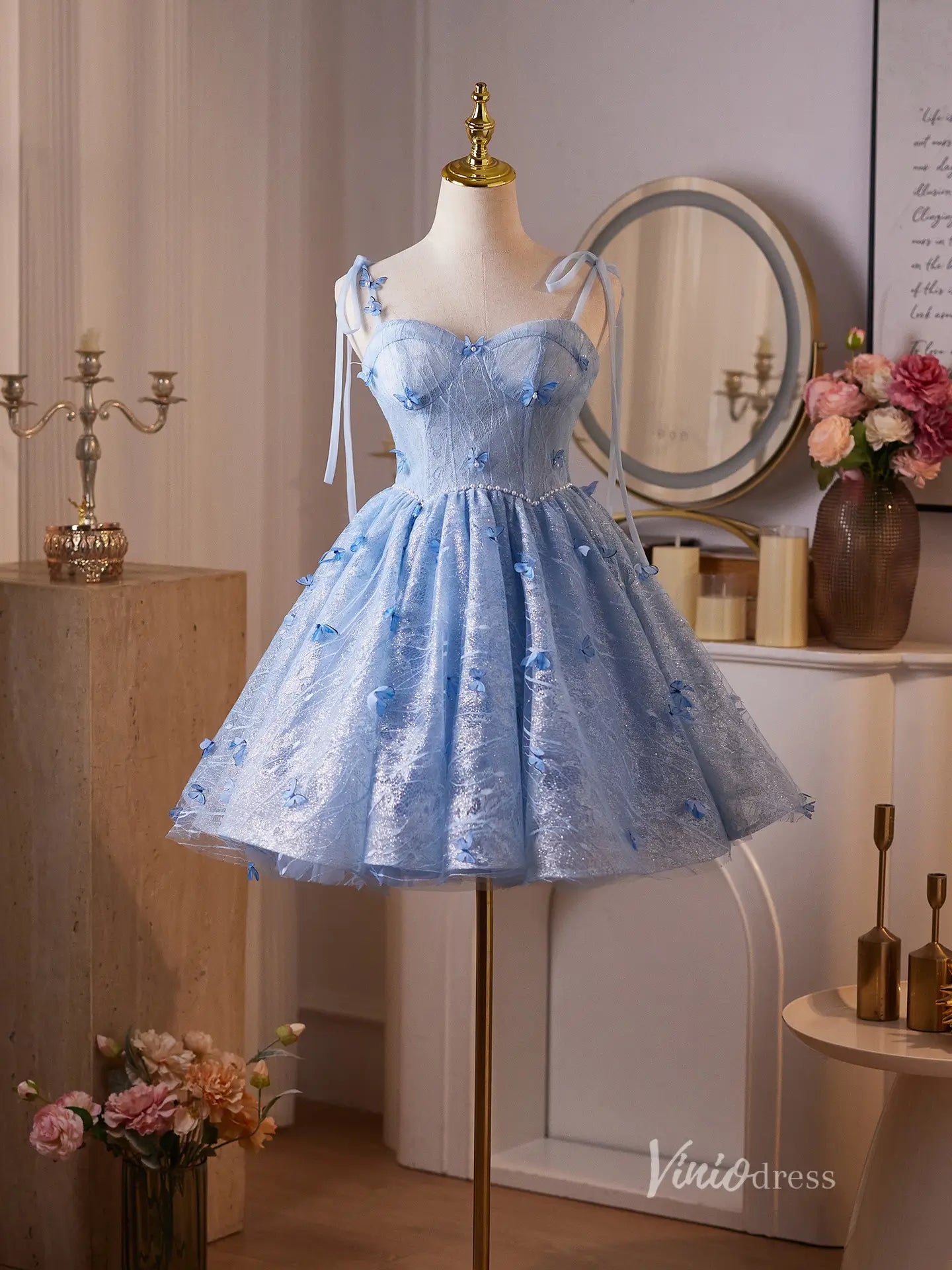 Light Blue 3D Butterfly Homecoming Dress with Sweetheart Corset , Shimmer Tulle A-Line Mini – BJ090-prom dresses 2025 -Viniodress-Light Blue-Custom Size-
