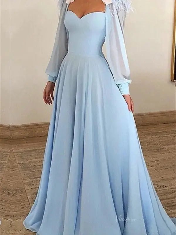 Light Blue 3D Flower Chiffon Prom Dresses 2025 Removable Long Sleeve Formal Dresses - FD2581-prom dresses 2025 -Viniodress-Blue-Custom Size-