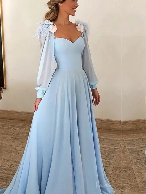 Light Blue 3D Flower Chiffon Prom Dresses 2025 Removable Long Sleeve Formal Dresses - FD2581-prom dresses 2025 -Viniodress-Blue-Custom Size-