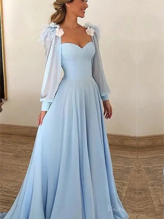 Light Blue 3D Flower Chiffon Prom Dresses 2025 Removable Long Sleeve Formal Dresses - FD2581-prom dresses 2025 -Viniodress-Blue-Custom Size-