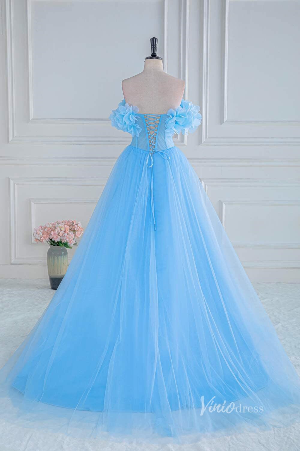 Light Blue 3D Flower Neckline Prom Dresses with Slit Sheer Boned Bodice FD4010-prom dresses 2025 -Viniodress-Light Blue-Custom Size-