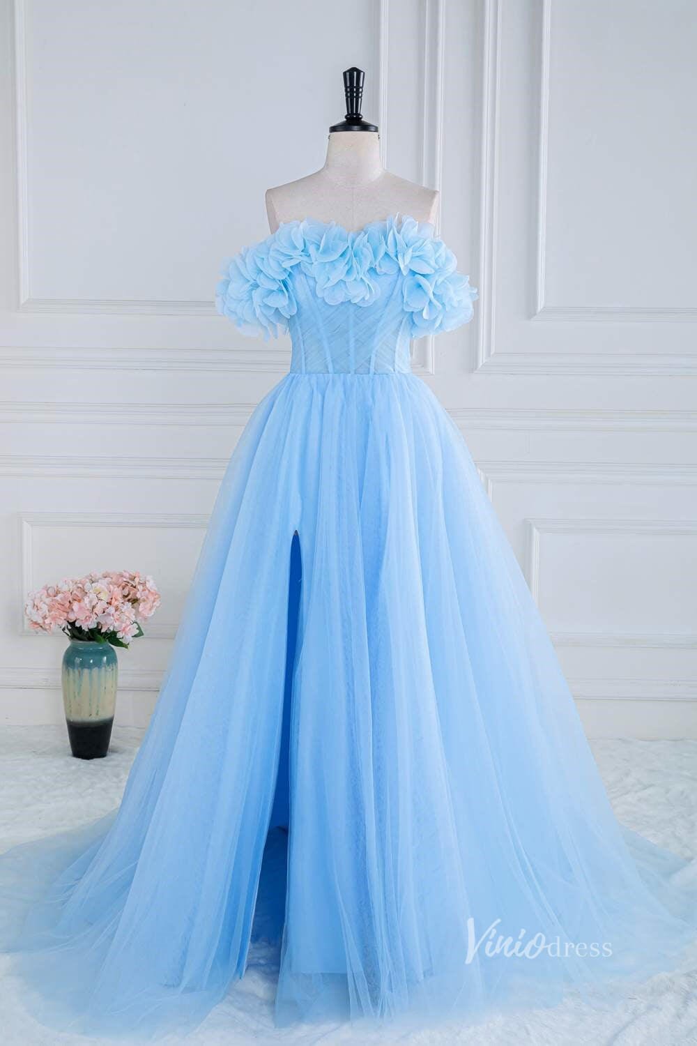 Light Blue 3D Flower Neckline Prom Dresses with Slit Sheer Boned Bodice FD4010-prom dresses 2025 -Viniodress-Light Blue-Custom Size-