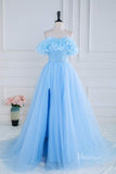 Light Blue 3D Flower Neckline Prom Dresses with Slit Sheer Boned Bodice FD4010