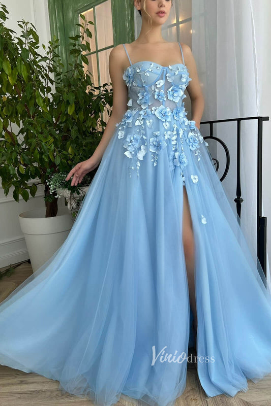Light Blue 3D Flower Prom Dresses Spaghetti Strap Long Formal Dress FD2978-prom dresses 2025 -Viniodress-Light Blue-Custom Size-