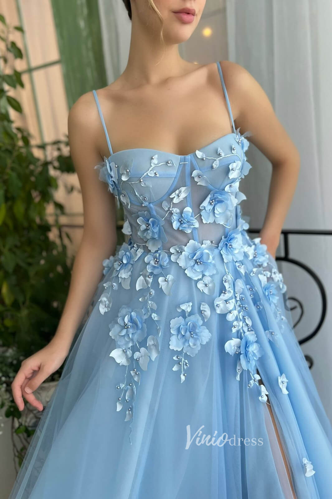 Light Blue 3D Flower Prom Dresses Spaghetti Strap Long Formal Dress FD Viniodress Light Blue 3D Flower Prom Dresses Spaghetti Strap Long Formal Dress FD Viniodress