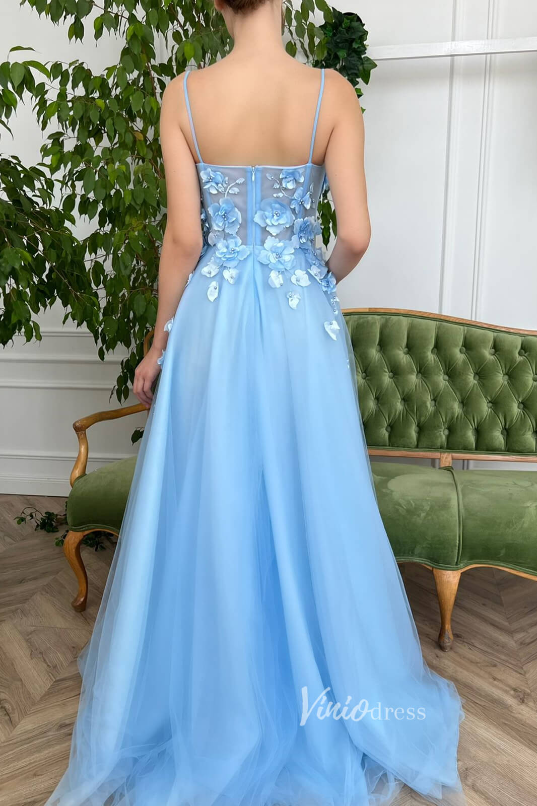 Light Blue 3D Flower Prom Dresses Spaghetti Strap Long Formal Dress FD –  Viniodress