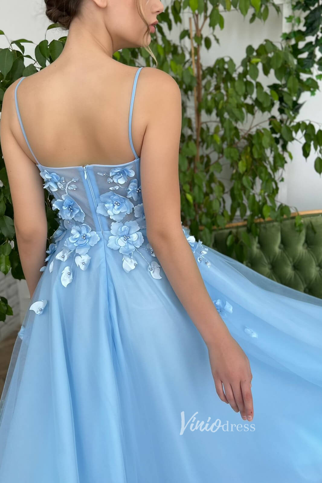 Light Blue 3D Flower Prom Dresses Spaghetti Strap Long Formal Dress FD Viniodress Light Blue 3D Flower Prom Dresses Spaghetti Strap Long Formal Dress FD Viniodress