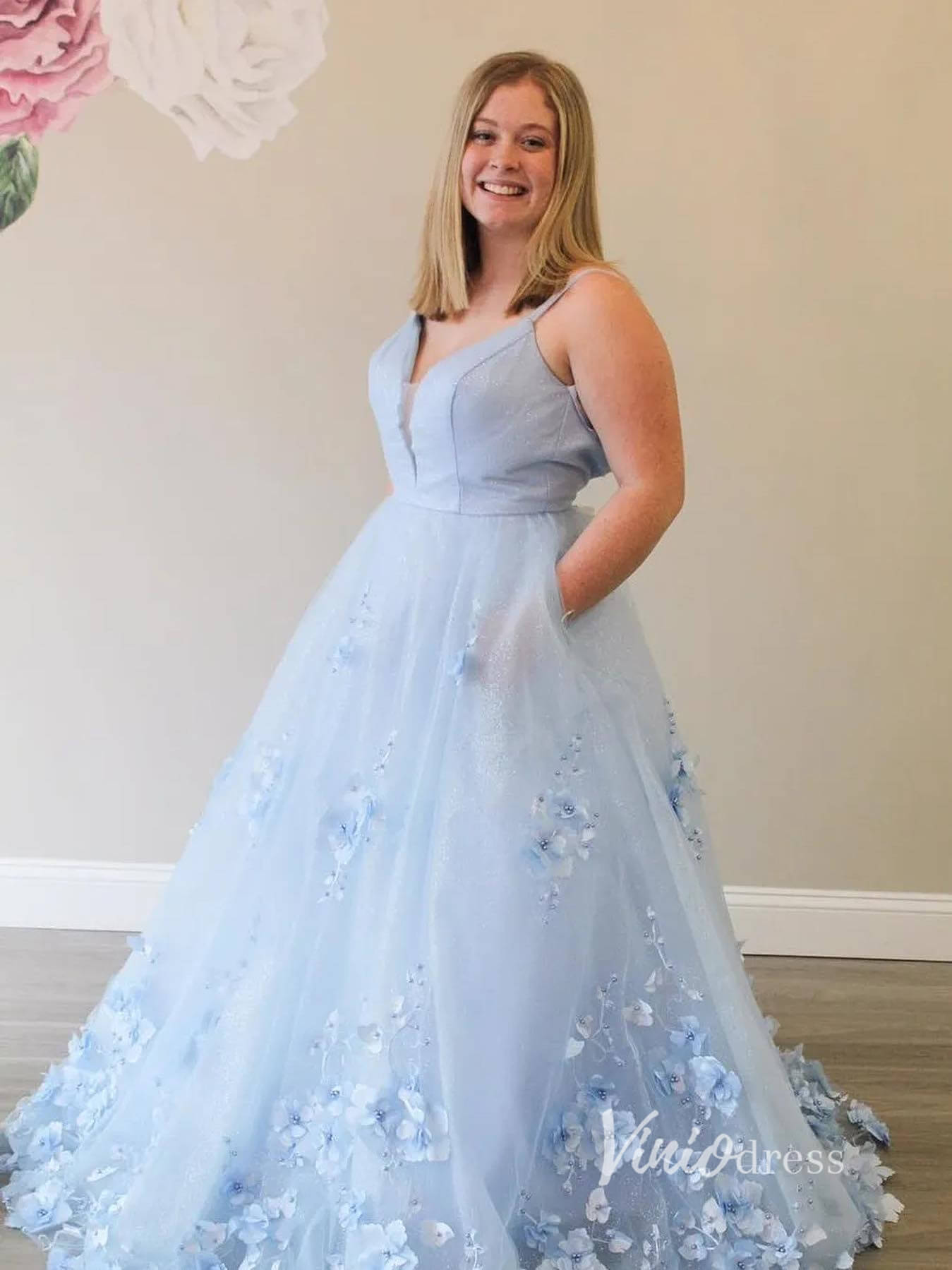 Light Blue 3D Flowers Prom Dresses Cape Sleeve Long Tulle Evening Dress FD2916-prom dresses 2025 -Viniodress-Light Blue-Custom Size-