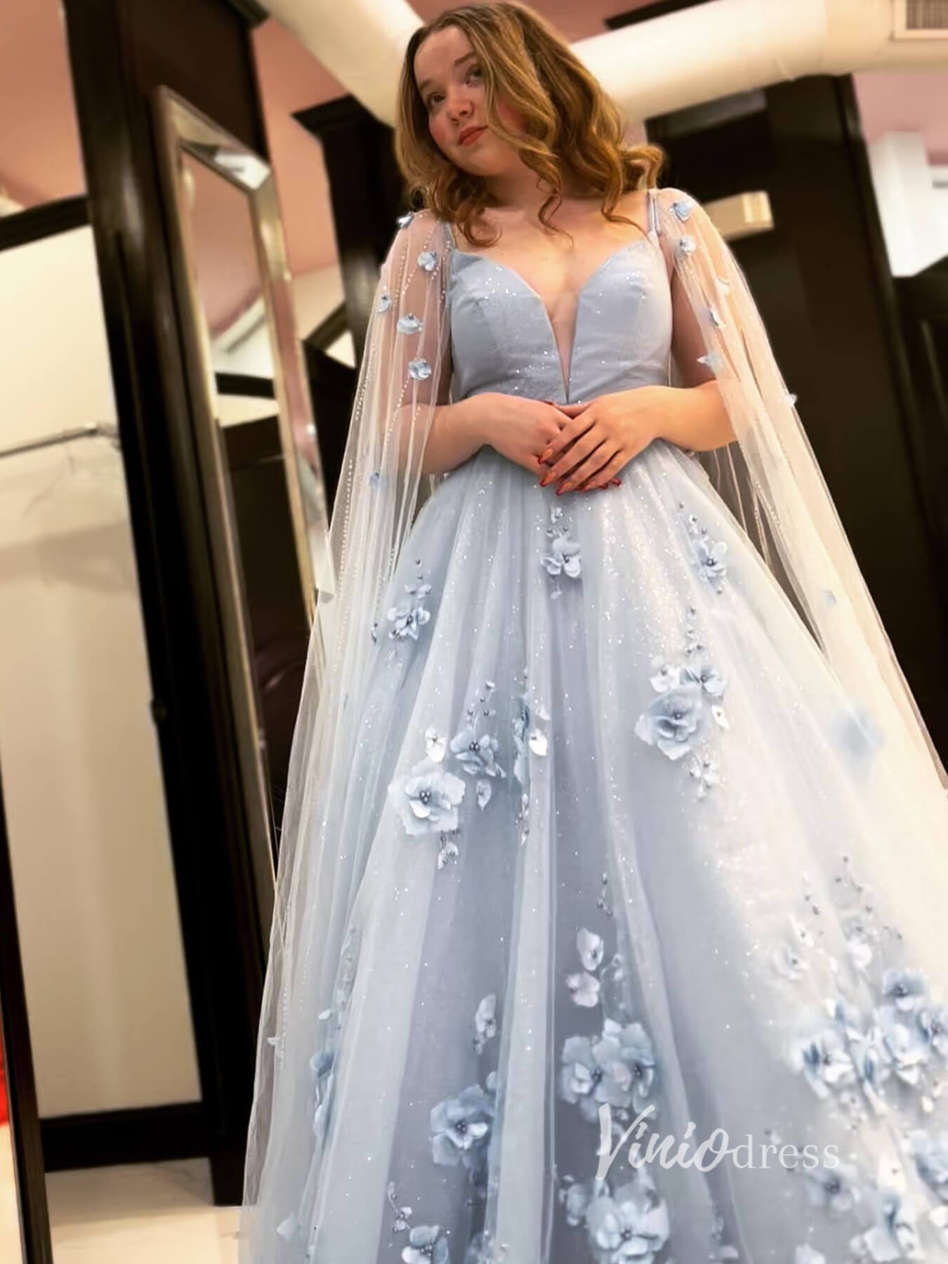 Light Blue 3D Flowers Prom Dresses Cape Sleeve Long Tulle Evening Dres Viniodress Light Blue 3D Flowers Prom Dresses Cape Sleeve Long Tulle Evening Dres Viniodress