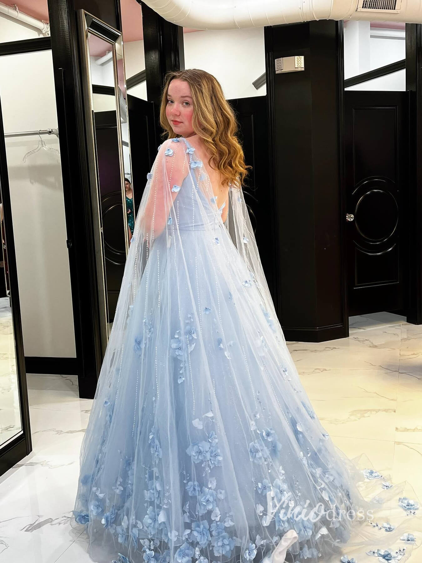 Prom Dress 2025 Light Blue 3D Flowers Prom Dresses Cape Sleeve Long Tulle Evening Dress FD2916-unique prom dresses-Light Blue-Custom Size-Viniodress