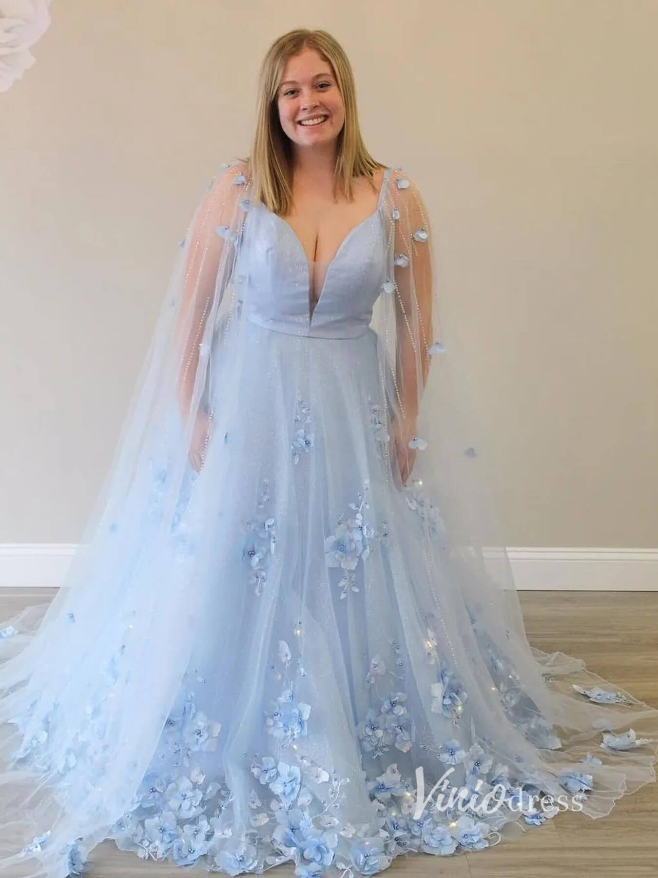 Prom Dress 2025 Light Blue 3D Flowers Prom Dresses Cape Sleeve Long Tulle Evening Dress FD2916-unique prom dresses-Light Blue-Custom Size-Viniodress