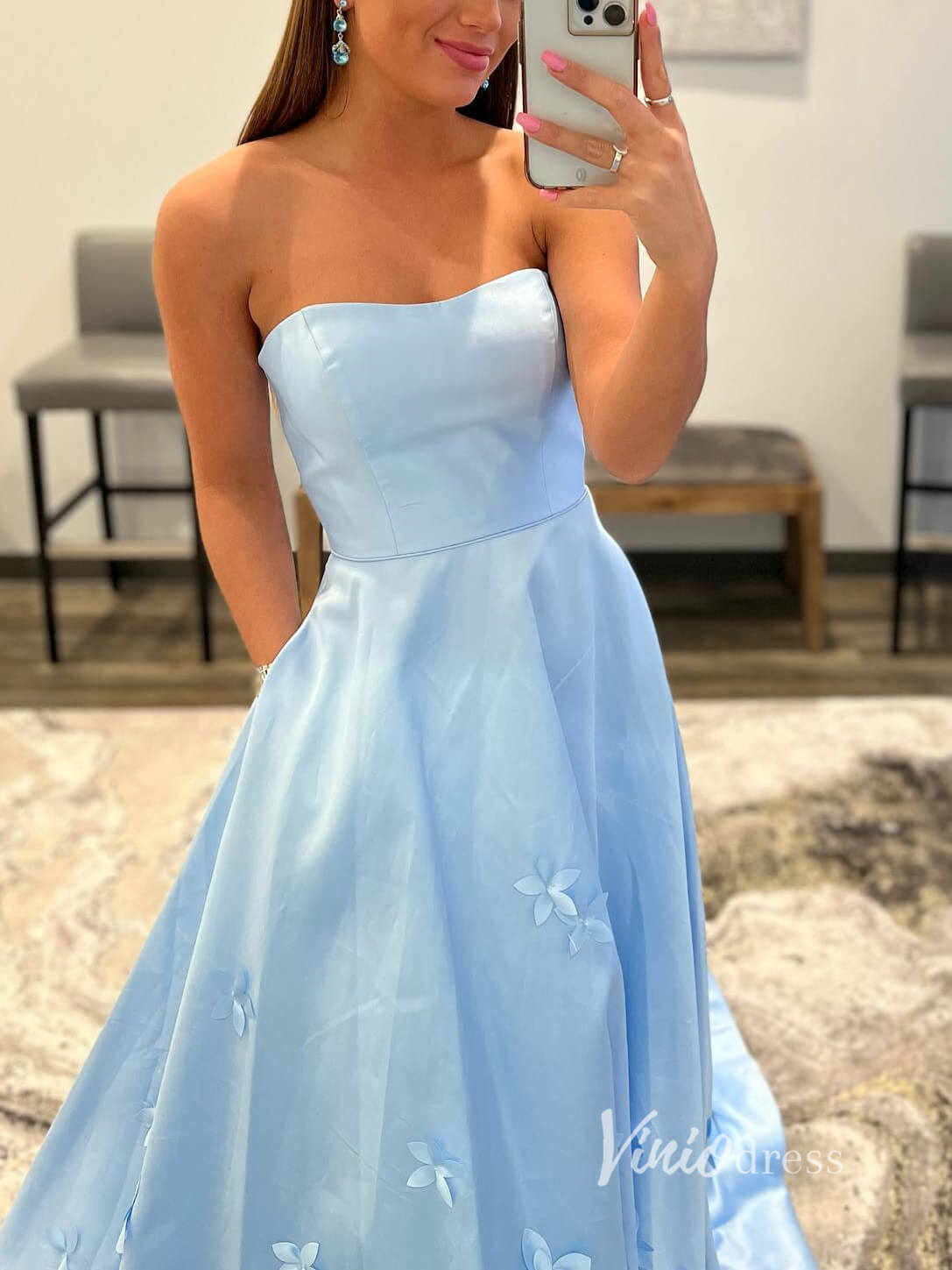 Prom Dress 2025 Light Blue 3D Flowers Prom Dresses With Pockets Strapless Evening Dress FD2938-unique prom dresses-Light Blue-Custom Size-Viniodress