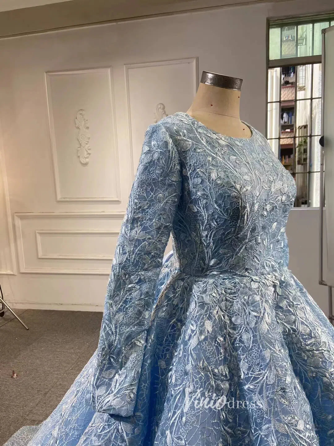 Light Blue Ball Gown Modest Long Sleeve Wedding Dress 66601 High Neck-Quinceanera Dresses 2025 -Viniodress-Light Blue-Custom Size-