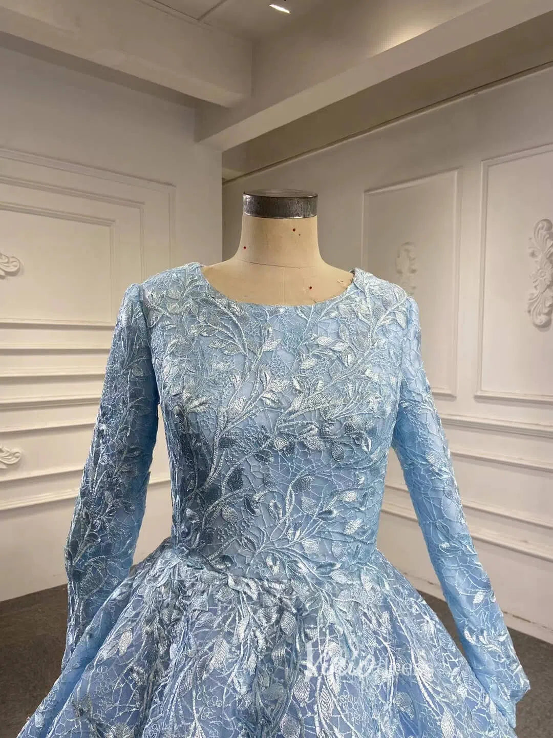 Light Blue Ball Gown Modest Long Sleeve Wedding Dress 66601 High Neck-Quinceanera Dresses 2025 -Viniodress-Light Blue-Custom Size-