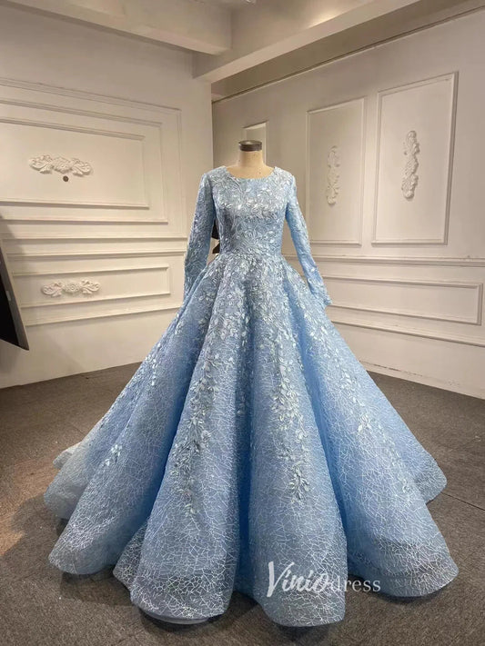 Light Blue Ball Gown Modest Long Sleeve Wedding Dress 66601 High Neck-Quinceanera Dresses 2025 -Viniodress-Light Blue-Custom Size-