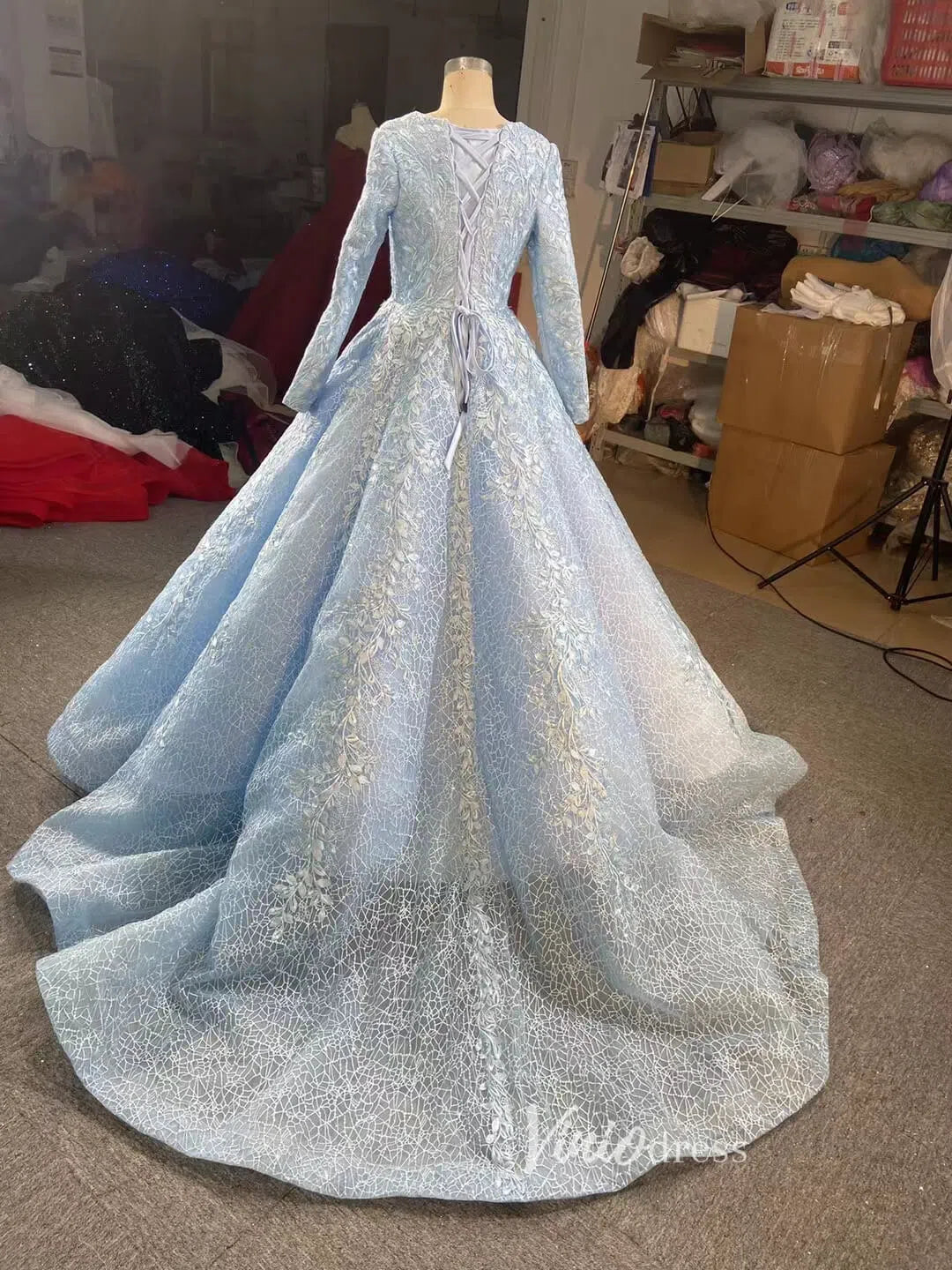 Light Blue Ball Gown Modest Long Sleeve Wedding Dress 66601 High Neck-Quinceanera Dresses-Viniodress-Viniodress