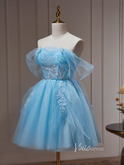 Light Blue Beaded Lace Off the Shoulder Homecoming Dresses Sparkly Tulle BJ031-prom dresses 2025 -Viniodress-Light Blue-Custom Size-