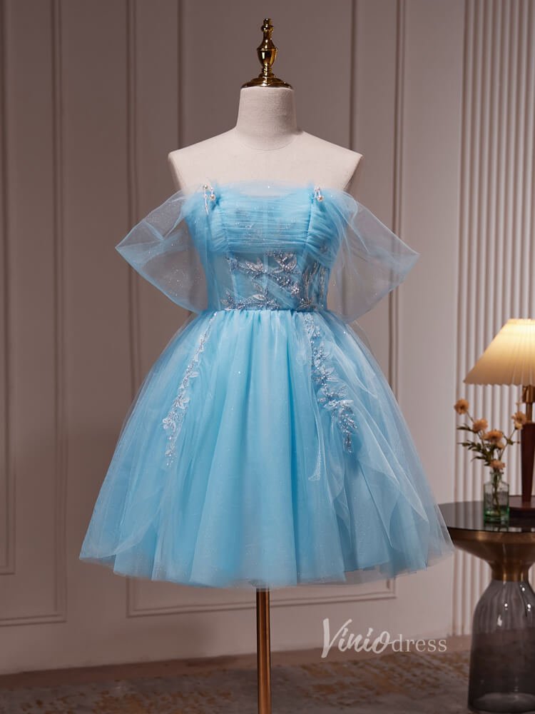 Light Blue Beaded Lace Off the Shoulder Homecoming Dresses Sparkly Tulle BJ031-prom dresses 2025 -Viniodress-Light Blue-Custom Size-