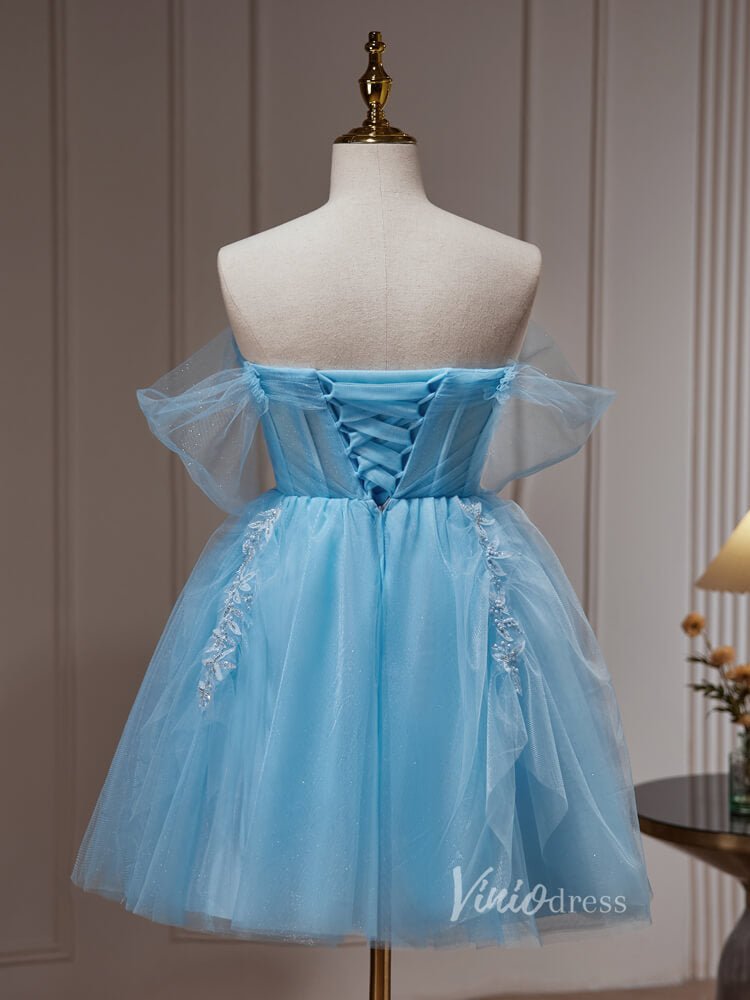 Light Blue Beaded Lace Off the Shoulder Homecoming Dresses Sparkly Tulle BJ031 - Viniodressprom dressesLight BlueCustom Size - Formal Dresses - Ball Gowns