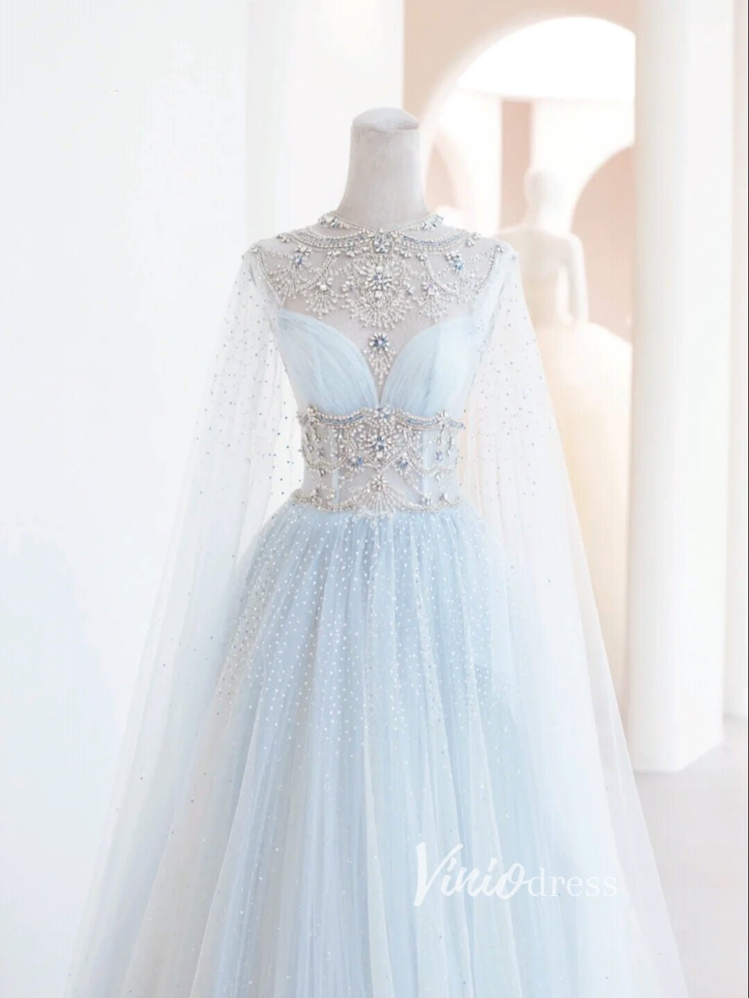 Light Blue Beaded Lace Prom Dresses Extra Long Sleeve Formal Gown FD3422-prom dresses 2025 -Viniodress-Light Blue-Custom Size-