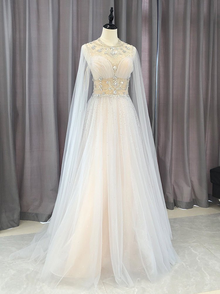 Light Blue Beaded Lace Prom Dresses Extra Long Sleeve Formal Gown FD3422-prom dresses 2025 -Viniodress-Silver-Custom Size-