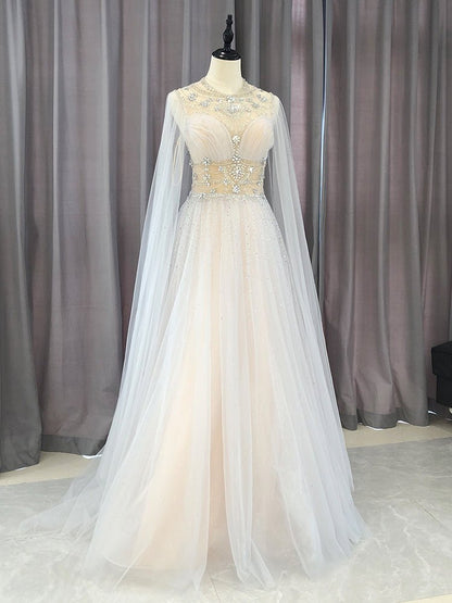 Light Blue Beaded Lace Prom Dresses Extra Long Sleeve Formal Gown FD3422-prom dresses 2025 -Viniodress-Silver-Custom Size-