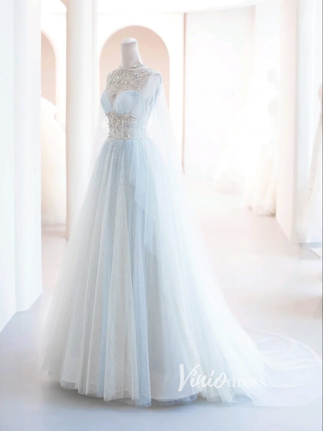 Light Blue Beaded Lace Prom Dresses Extra Long Sleeve Formal Gown FD3422 - Viniodressprom dressesLight BlueCustom Size - Formal Dresses - Ball Gowns