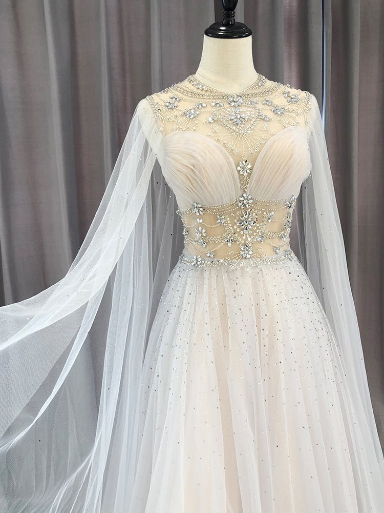 Light Blue Beaded Lace Prom Dresses Extra Long Sleeve Formal Gown FD3422 - Viniodressprom dressesSilverCustom Size - Formal Dresses - Ball Gowns