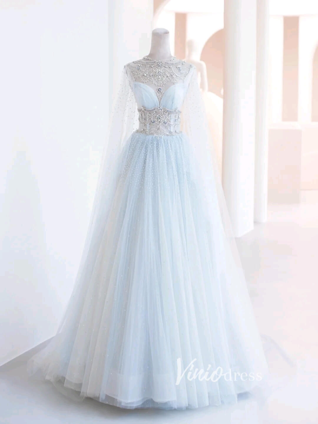 Light Blue Beaded Lace Prom Dresses Extra Long Sleeve Formal Gown FD3422 - Viniodressprom dressesLight BlueCustom Size - Formal Dresses - Ball Gowns