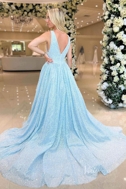 Light Blue Beaded Lace Prom Dresses Plunging V-Neck Evening Gown FD3995-prom dresses 2025 -Viniodress-Light Blue-Custom Size-