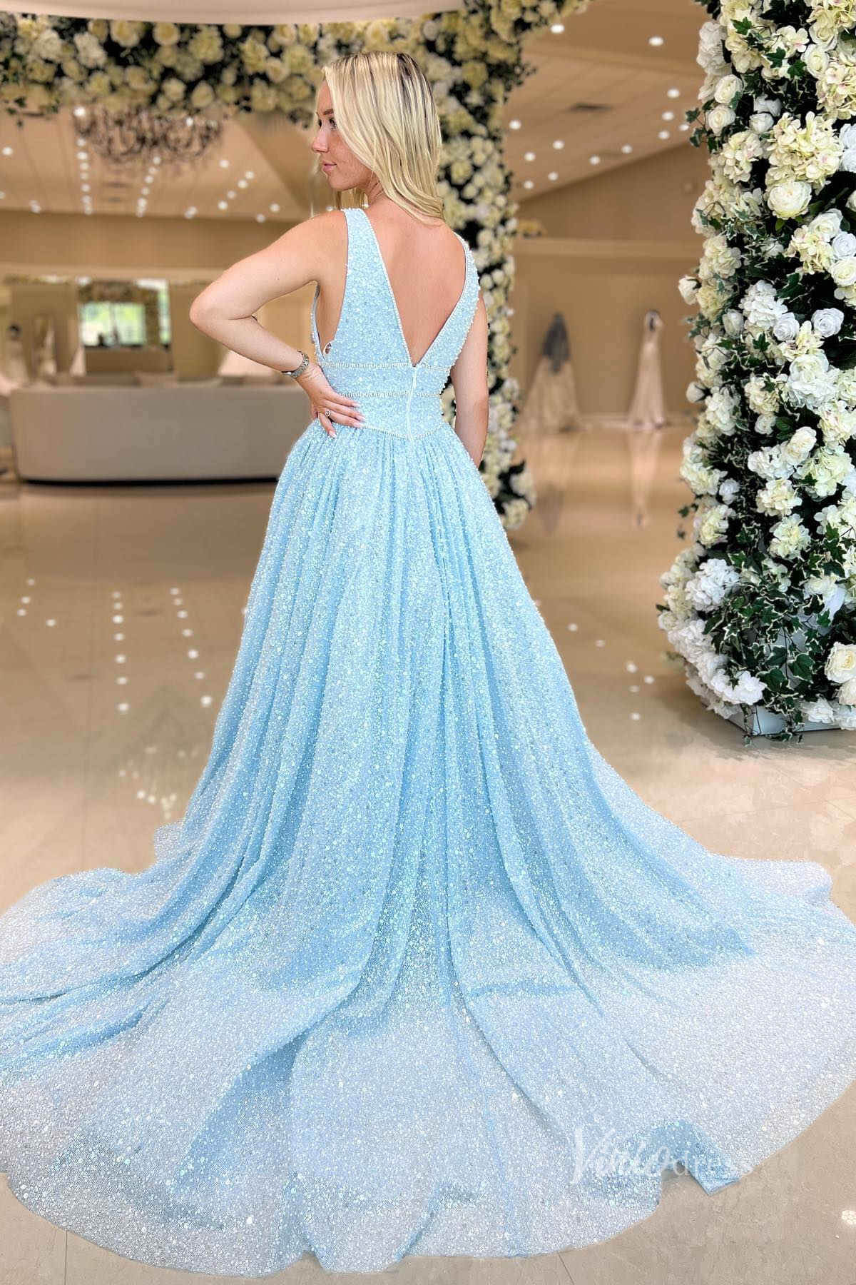 Light Blue Beaded Lace Prom Dresses Plunging V - Neck Evening Gown FD3995 - Viniodressprom dressesLight BlueCustom Size - Formal Dresses - Ball Gowns