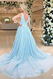 Light Blue Beaded Lace Prom Dresses Plunging V-Neck Evening Gown FD3995-prom dresses-Viniodress-Viniodress