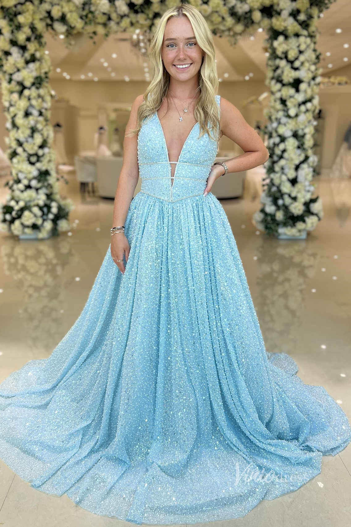 Light Blue Beaded Lace Prom Dresses Plunging V - Neck Evening Gown FD3995 - Viniodressprom dressesLight BlueCustom Size - Formal Dresses - Ball Gowns