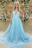 Light Blue Beaded Lace Prom Dresses Plunging V-Neck Evening Gown FD3995