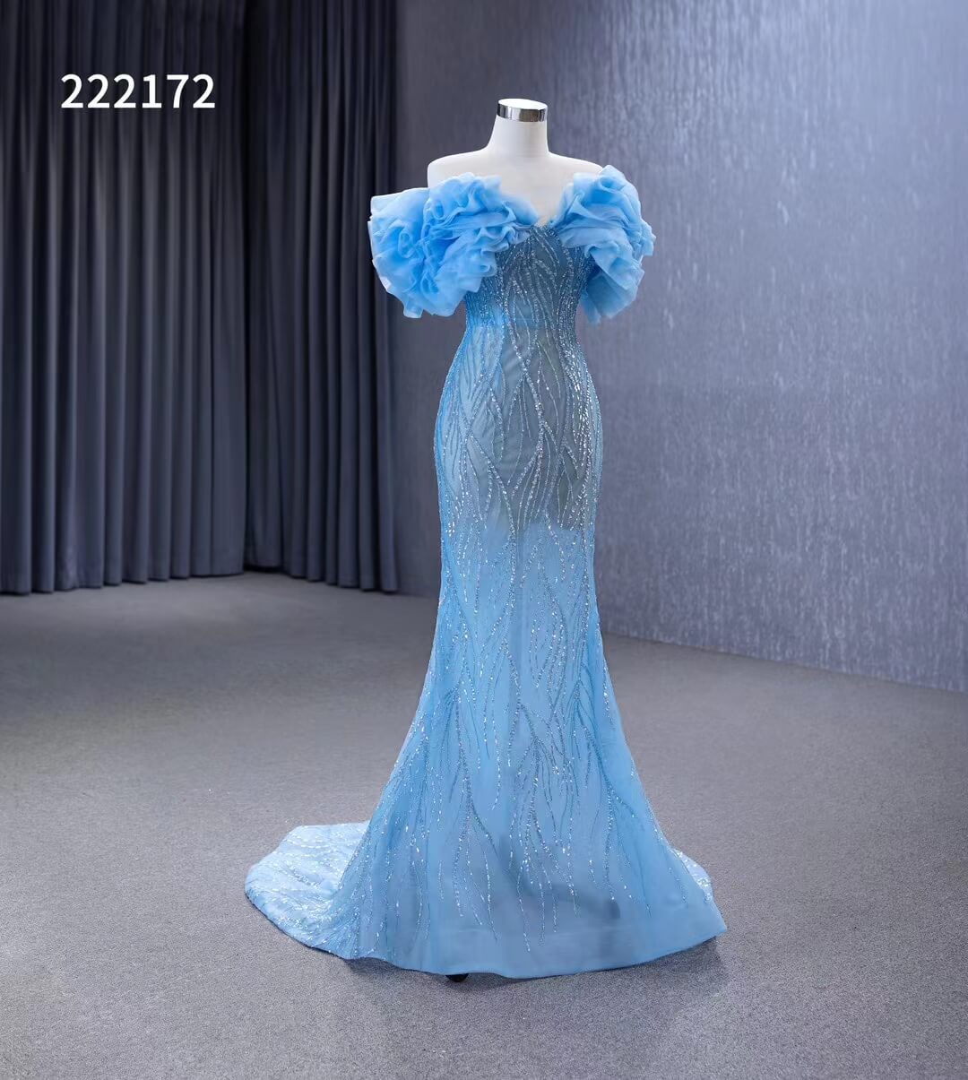 Light Blue Beaded Mermaid Evening Dresses Off the Shoulder Prom Dress 222172-prom dresses 2025 -Viniodress-Light Blue-Custom Size-