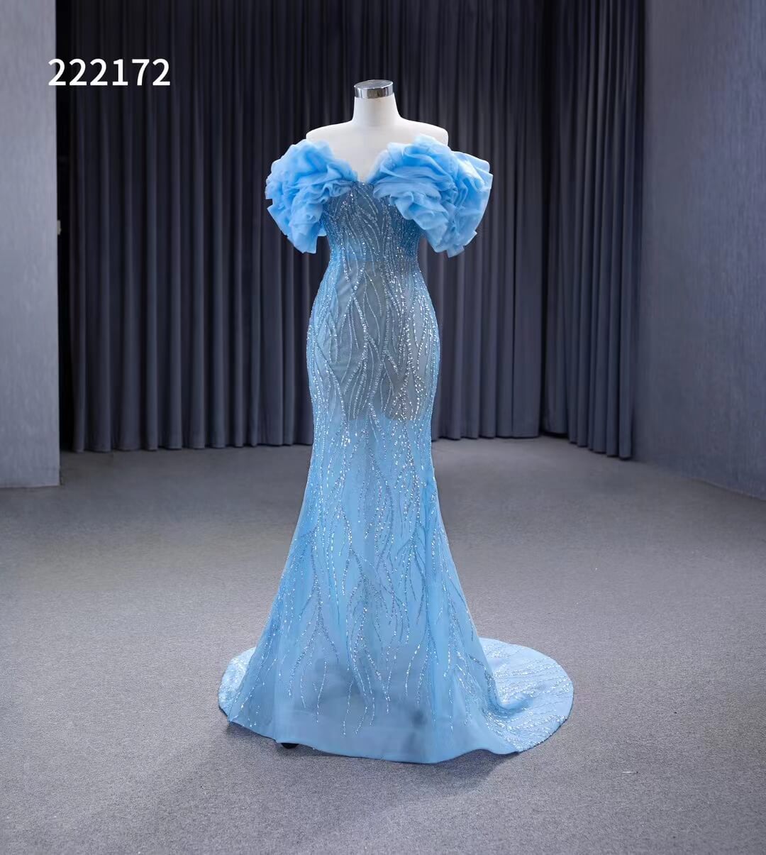 Light Blue Beaded Mermaid Evening Dresses Off the Shoulder Prom Dress 222172-prom dresses 2025 -Viniodress-Light Blue-Custom Size-