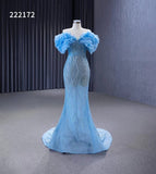 Light Blue Beaded Mermaid Evening Dresses Off the Shoulder Prom Dress 222172
