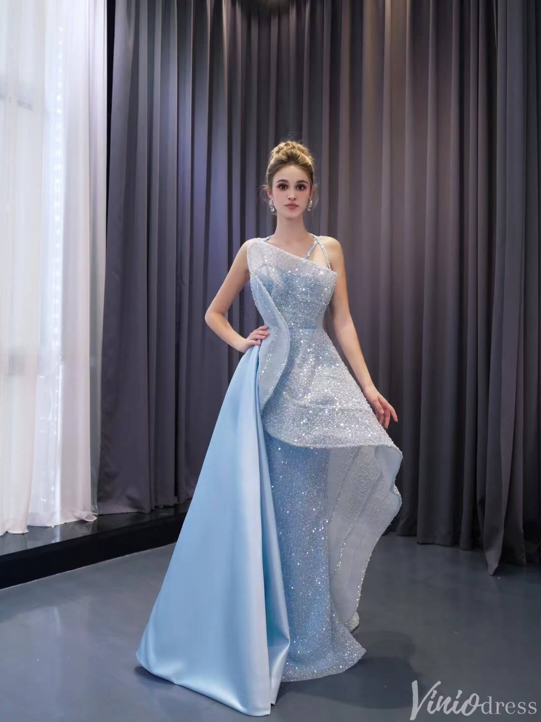 Light Blue Beaded Prom Dresses Asymmetric Skirt Evening Gown 222216-Prom Dresses-Viniodress-Light Blue-Custom Size-Viniodress