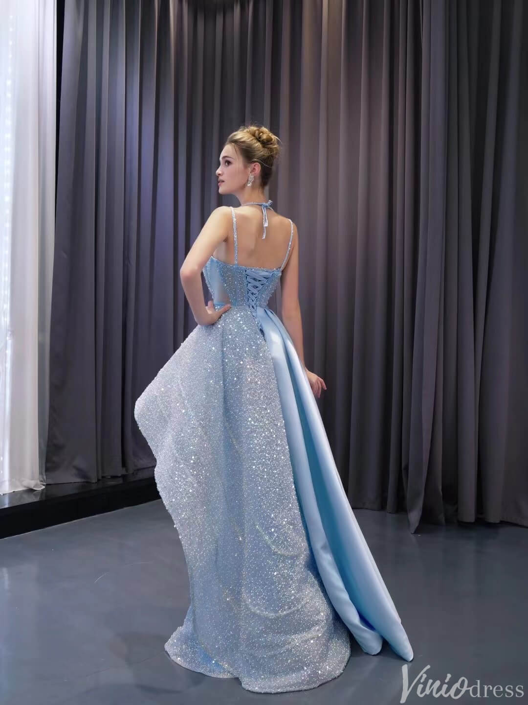 Light Blue Beaded Prom Dresses Asymmetric Skirt Formal Evening Gown 22   Viniodress