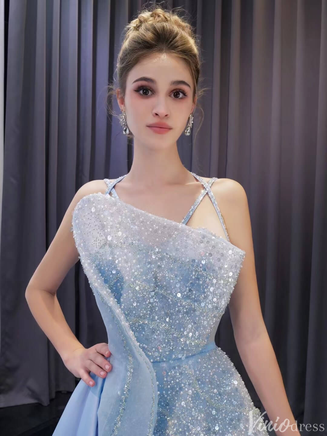 Light Blue Beaded Prom Dresses Asymmetric Skirt Formal Evening Gown 222216-Evening Dresses 2025 -Viniodress-Light Blue-Custom Size-