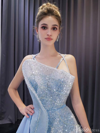 Light Blue Beaded Prom Dresses Asymmetric Skirt Formal Evening Gown 222216-Evening Dresses 2025 -Viniodress-Light Blue-Custom Size-