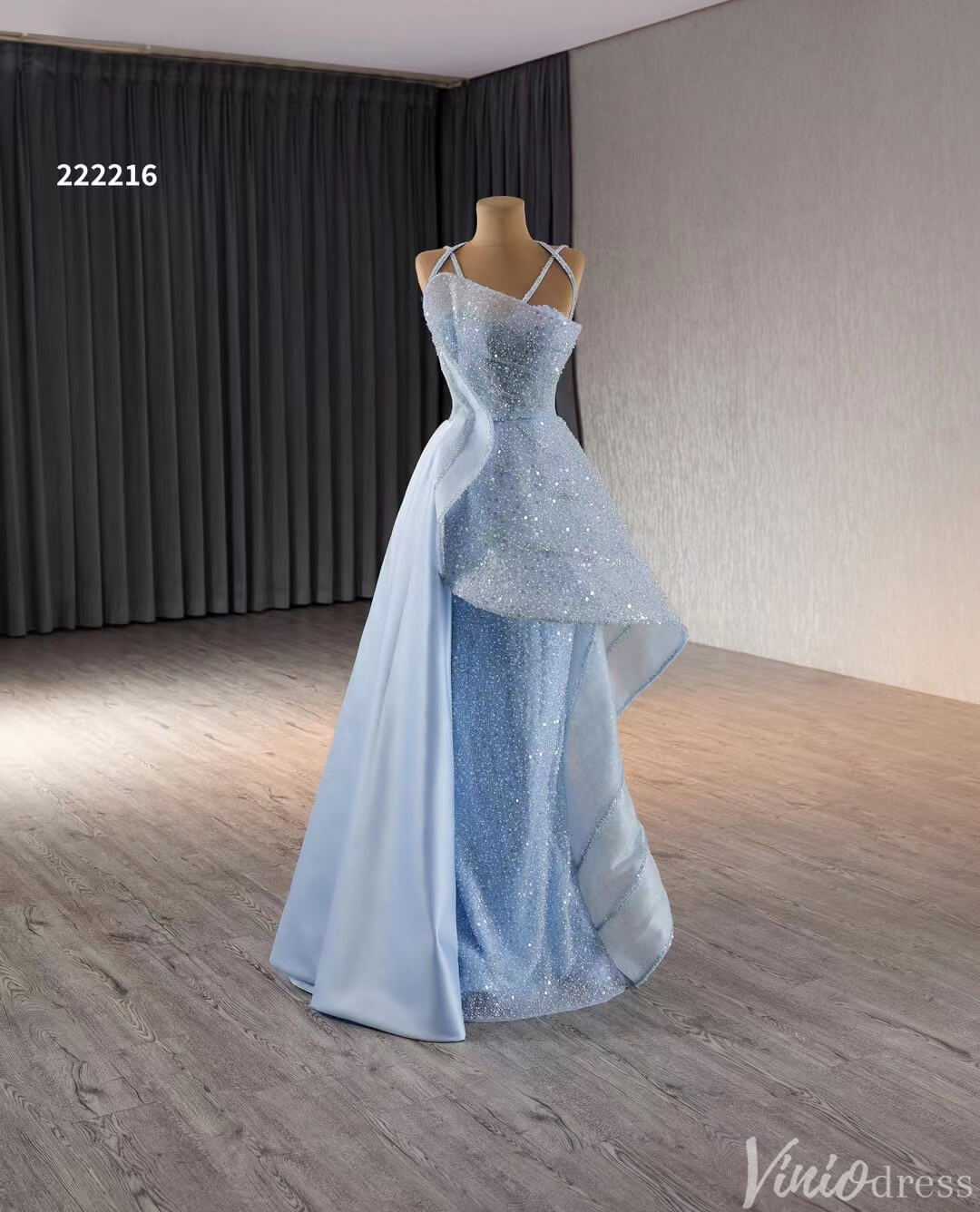 Light Blue Beaded Prom Dresses Asymmetric Skirt Formal Evening Gown 222216-Evening Dresses 2025 -Viniodress-Light Blue-Custom Size-