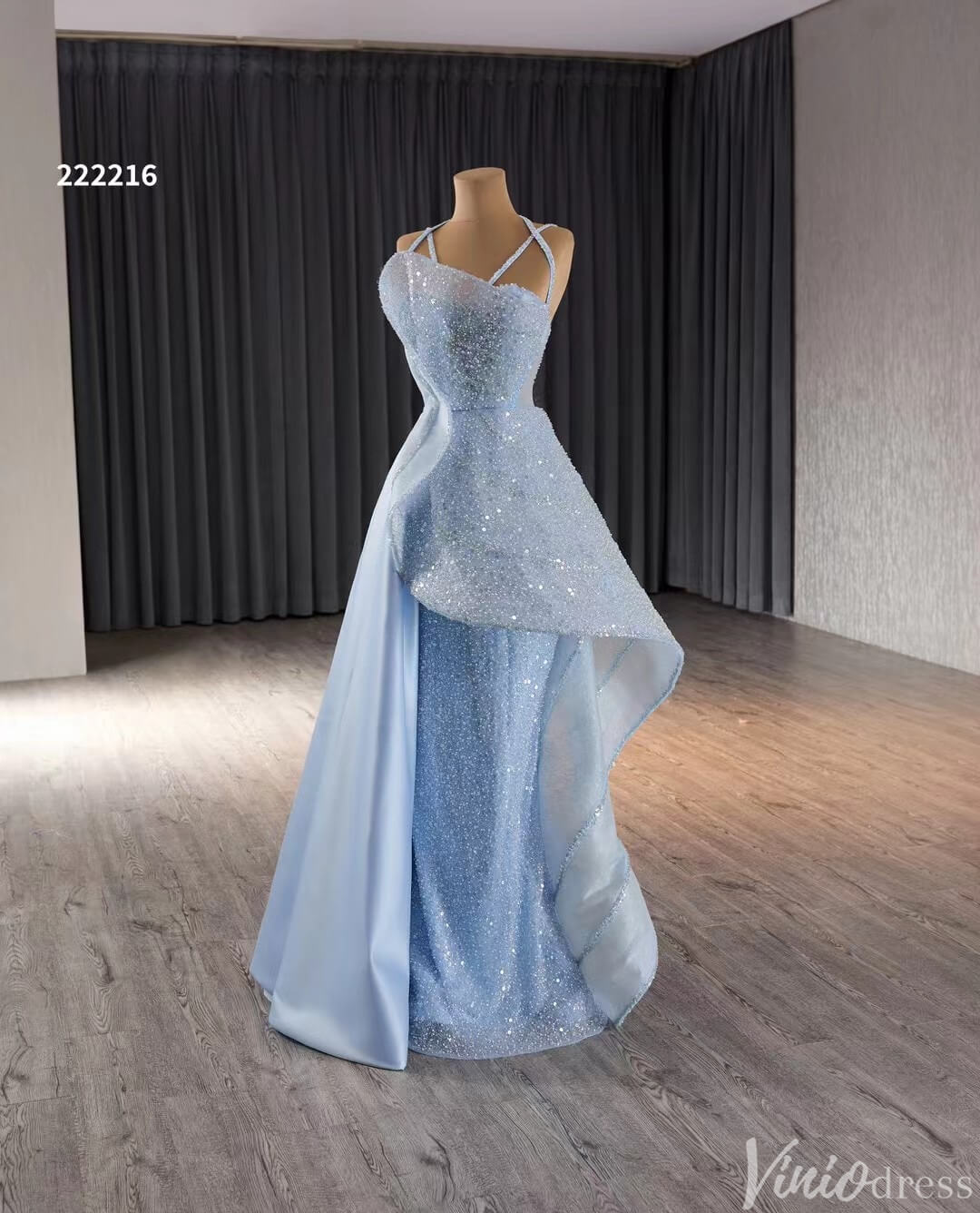 Light Blue Beaded Prom Dresses Asymmetric Skirt Formal Evening Gown 222216-Evening Dresses 2025 -Viniodress-Light Blue-Custom Size-
