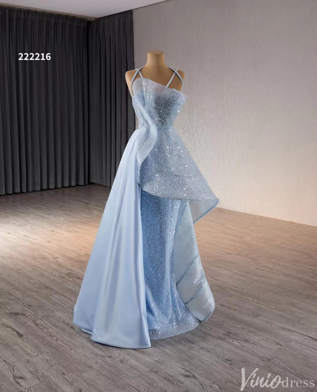 Light Blue Beaded Prom Dresses Asymmetric Skirt Formal Evening Gown 222216-Evening Dresses 2025 -Viniodress-Light Blue-Custom Size-