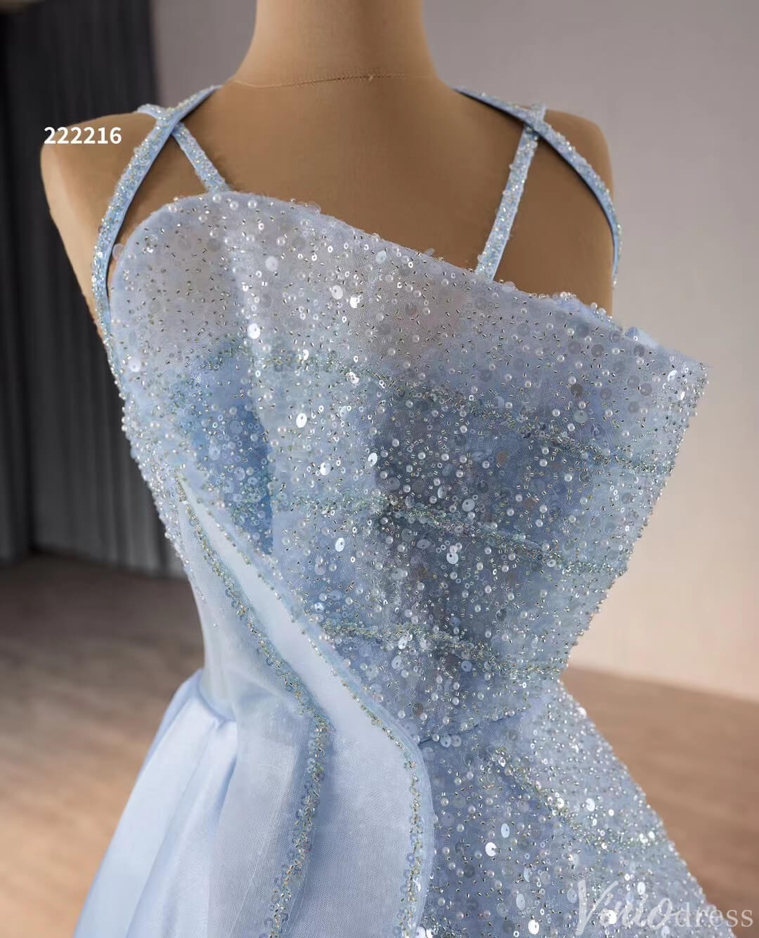 Light Blue Beaded Prom Dresses Asymmetric Skirt Formal Evening Gown 22 –  Viniodress
