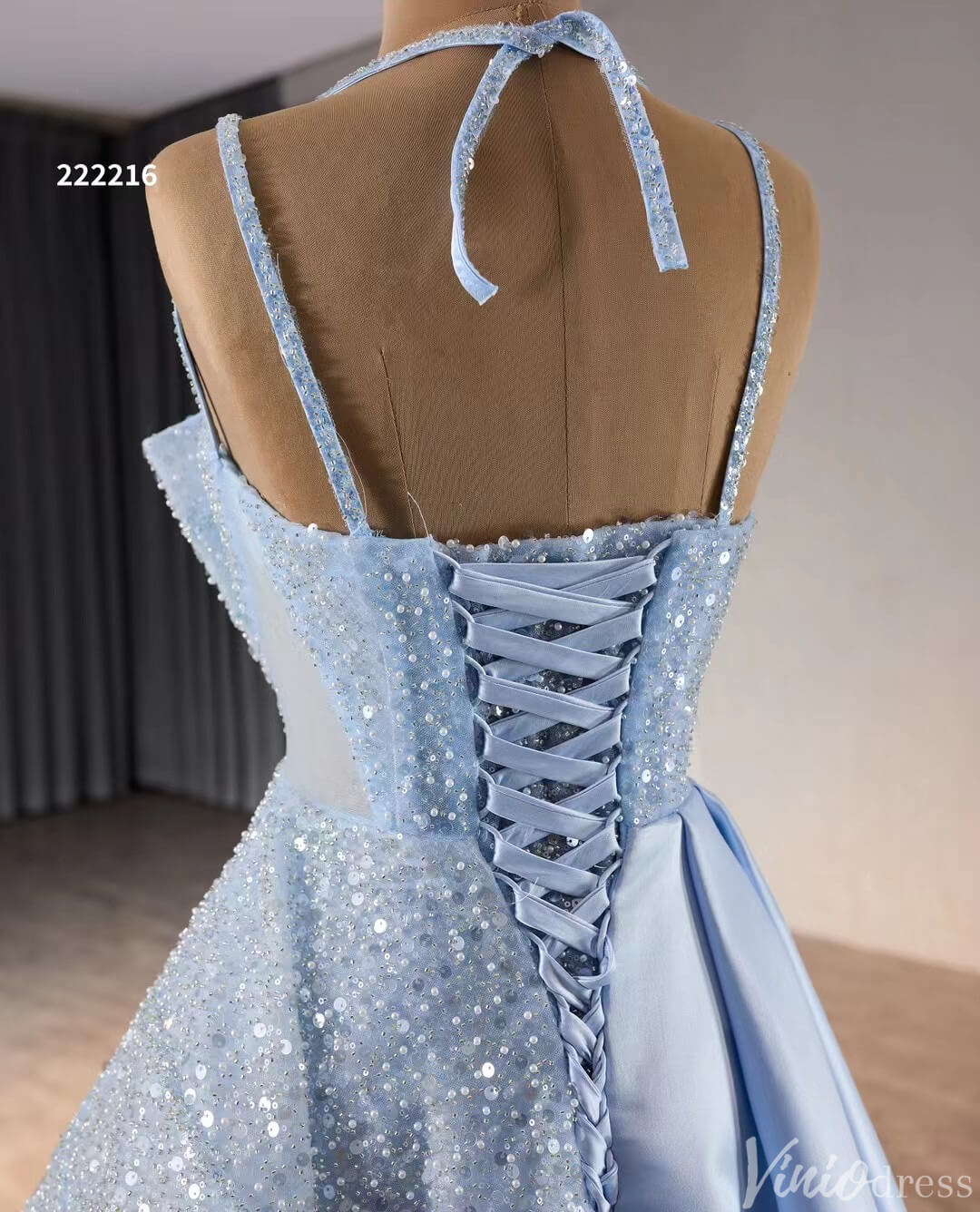 Light Blue Beaded Prom Dresses Asymmetric Skirt Formal Evening Gown 22 –  Viniodress