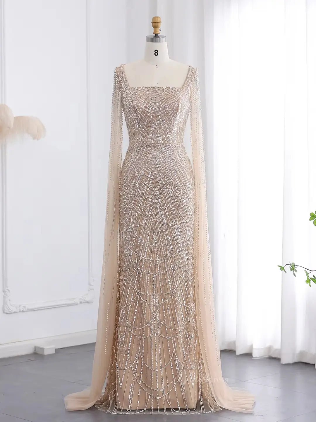 Light Blue Beaded Prom Dresses Cape Sleeve Formal Dresses Square Neck BD040-Evening Dresses 2025 -Viniodress-Champagne-US 2-